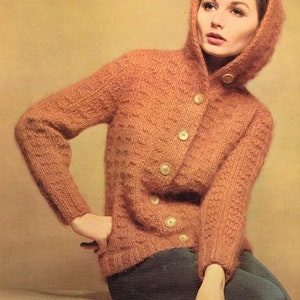 Women’s 60’s Knitted Pattern: Button Up Hoodie - Vintage Ladies E Pattern - PDF Download - Retro Sweater Cardigan - 1960’s Knitting Pattern