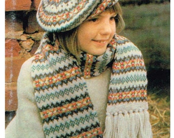 Vintage Fair Isle Knitting Patterns - Adult Matching Sweaters and Child’s Beret & Scarf - PDF download  - 1970’s retro Pullovers