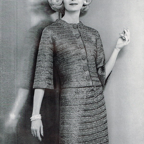 Modèle de tricot pour femmes des années 60 : Costume 2 pièces - Téléchargement numérique PDF E Pattern - Vestes et jupe - Robe ruban - e Pattern imprimable