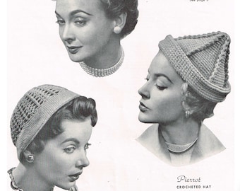 Vintage 50s Knitting & Crochet Patterns - Women’s Knitted and Crocheted Hat - instant download PDF - 1950's Retro Knitwear