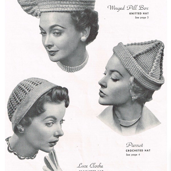 Vintage 50s Knitting & Crochet Patterns - Women’s Knitted and Crocheted Hat - instant download PDF - 1950's Retro Knitwear