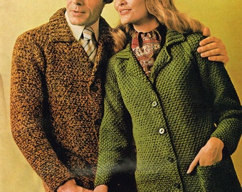 Vintage Men's & Women’s PDF Knitting Patterns - Car Coats - 70s Instant Download - 1970s Retro Sweater Coats - Printable Knitting Patterns