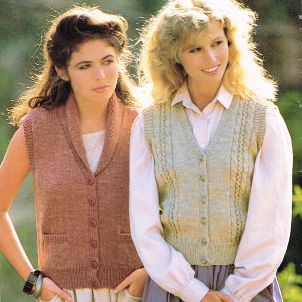 80's Woman’s Knitting Pattern - Sweater Vests: Lace Panel or Plain with Shawl collar - PDF Downloadable e-pattern - 1980’s Women’s Pullover