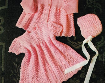 Vintage Baby Knitting Pattern -  Dress, Cardigan & Bonnet - Instant PDF Download - Printable Knitting Pattern - Baby Sweater Pattern