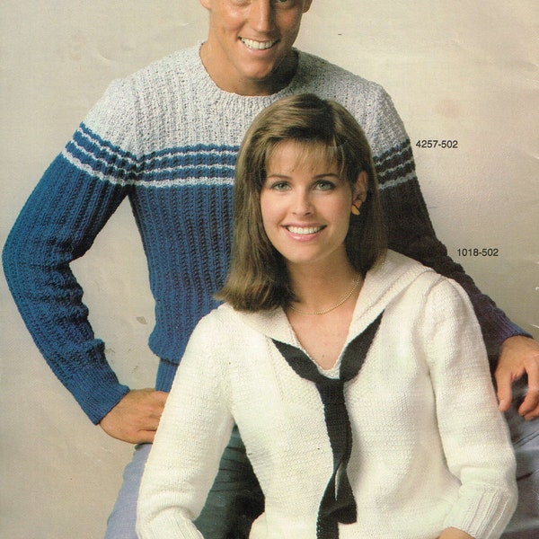 Vintage Women's and Men’s Knitting Pattern - Men’s Striped Sweater and Ladies Sailor Pullover - Instant Download PDF - 1980s Retro Knitwear