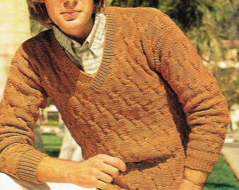 1980's Men's Knitting Patterns: V Neck Cable Sweater - Instant Digital Download - 80's Pullover Kitting Pattern - Double Knitting - PDF