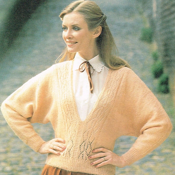 Vintage Downloadable Knitting Pattern - 1970s Woman's Deep V-neck Sweater with Bat Wing Sleeves - PDF downloadable - retro 70s 80s