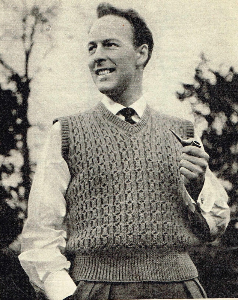 Vintage Men's Knitting Pattern 50s Sleeveless Pullover image 1