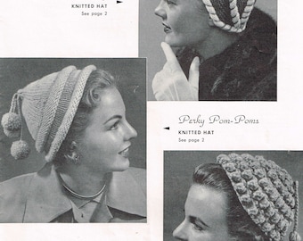 Vintage 50s Knitting & Crochet Patterns - Women’s Knitted and Crocheted Hat - instant download PDF - 1950's Retro Knitwear