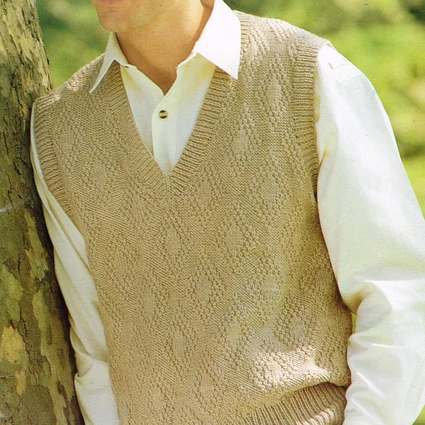 80's Knitting Pattern for a Man's Textured Sweater Vest - PDF Digital Download E Pattern - V Neck