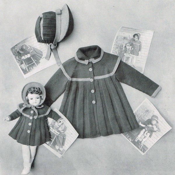 Vintage 50s Knitting Pattern - Little Girl’s Coat & Bonnet with Matching Doll’s Outfit - instant download PDF - 1950's Sweater Coat