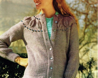 1980's Women's Knitting Patterns: Cardigan with Patterned Yolk - Instant Digital Download - 80's Sweater Set - PDF E Pattern