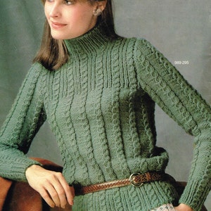 Vintage Women's Knitting Pattern - Cable Knit Pullover - Ladies - pdf - 70's or 80"s sweater turtle neck