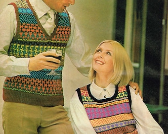 Vintage Men's & Women’s Knitting Patterns - Fair Isle Slipovers - 70s Instant Download PDF - 1970s Knitting Pattern - Retro Pullovers vests