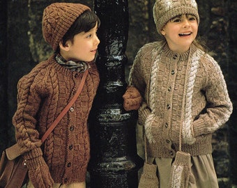 Knitting Patterns for Children: Cable Knit Sweaters - PDF Downloadable e-pattern - 1980’s Kids Sweater Jacket, hat and mittens