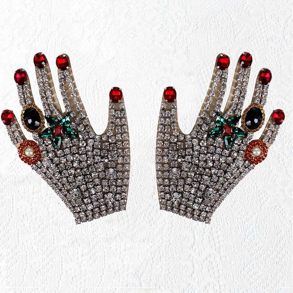 A Pair of Embroidery Rhinestone Hand Sequined Applique Patch,Beaded Hands Patch Supplies for Coat,T-Shirt,Costume Decorative Appliques Patch