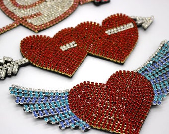 Broderie délicate Strass Coeur à paillettes Applique Patch, Perle Coeur Wing Patch Fournitures pour manteau, T-Shirt, Costume Patchs décoratifs