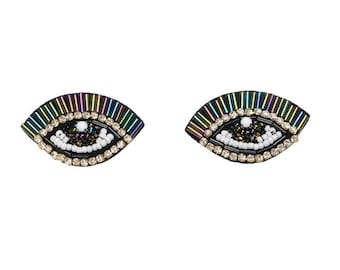 A Pair of Eye Embroidery Rhinestone Sequined Applique Patch,Beaded Eyes Patch Supplies for Coat,T-Shirt,Costume Decorative Patches