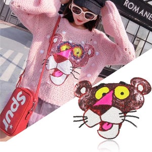 Cartoon panter lovertjes appliqué, paillettenpatch, pailletten Cartoon patch benodigdheden voor jas, T-shirt, kostuum decoratieve paillettenpatches