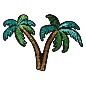 Peut inclure: Deux palmiers verts et dorés en sequins. Les arbres sont reliés à la base et ont un contour noir.