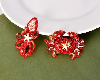 Parche de aplique con lentejuelas y cuentas de cangrejo bordado delicado, parche de pulpo con cuentas para abrigo, camiseta, disfraces.
