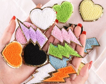 2 Pieces Colorful Chenille Lightning or Heart Embroidered Iron On Applique Patch,Embroidery Patch for T-Shirt or Jeans Applique Patches