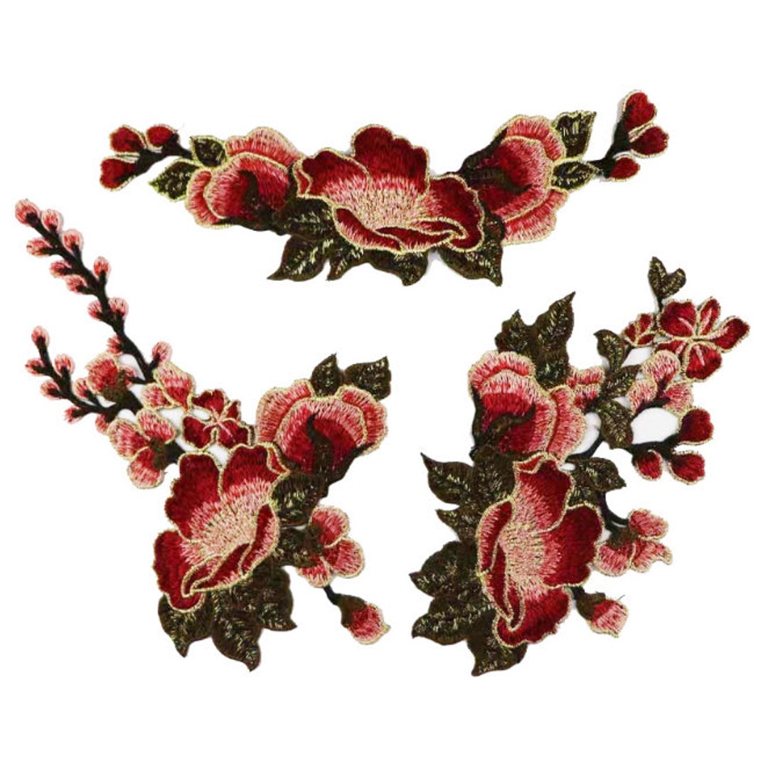 3 Pieces Embroidered Flower Applique Patch,vintage Floral Supplies
