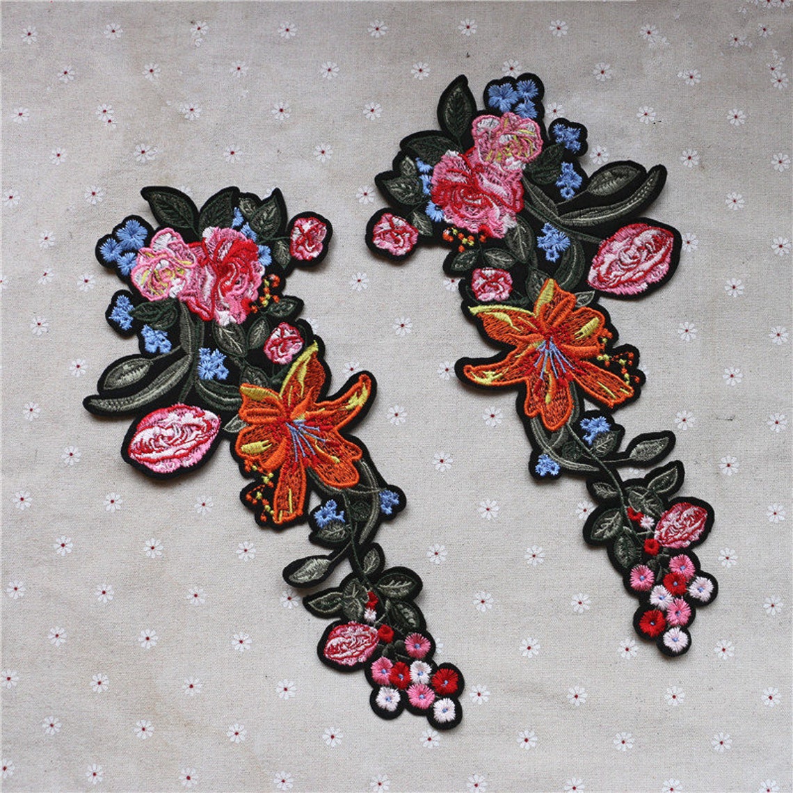 A Pair Delicate Embroidered Iron on Floral Applique Etsy
