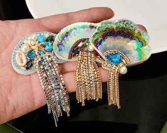 Parche de aplique con lentejuelas y diamantes de imitación bordados con medusas, suministros de parches de conchas con cuentas para abrigos, camisetas y disfraces.