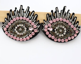 A Pair of Beaded Eye Embroidery Sequined Applique Patch,Rhinestone Eyes Patch Supplies for Coat,T-Shirt,Costume Decorative Appliques Patches