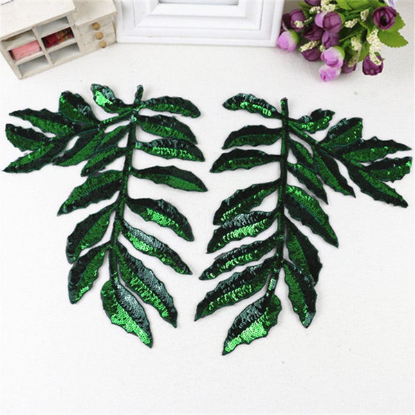 A Pair of Leaves Sequined Applique Patches,Paillette Patch,Sequins Leaf Patch Supplies for Coat,T-Shirt,Costume Decorative Appliques Patches