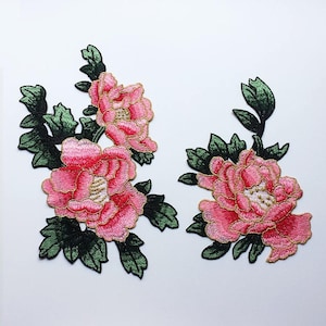 Un par de delicados parches bordados con flores rosas, parches de flores vintage para ropa o vestidos, apliques bordados decorativos