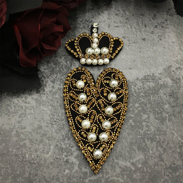 2 Pieces Embroidery Heart Beaded Applique Patch,Rhinestone Crown Patch Supplies for Coat,T-Shirt,Costume Decorative Applique Patches