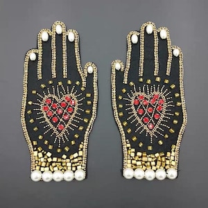 Ein Paar Stickerei Rhinestone Hand Pailletten Applikation Patch, Perlen Hände Patch Zubehör für Mantel, T-Shirt, Kostüm Dekorative Applikationen Patch