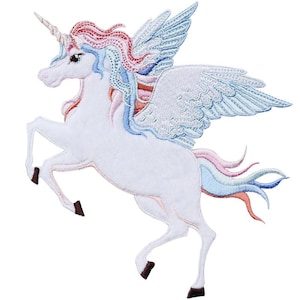 May include: Embroidered patch of a white unicorn with a spiraled horn, multicolored mane and tail, and large, detailed wings. The unicorn is posed rearing up on its hind legs, with brown hooves and a light blue outline.