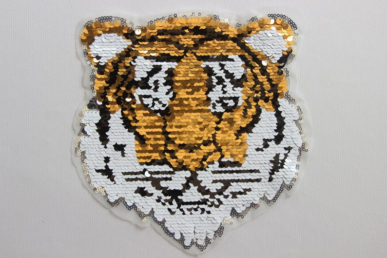 Tiger Head Sequined Applique Patch,Paillette Patch,Sequins Tiger Patch Supplies for Coat,T-Shirt,Costume Decorative Patches image 1