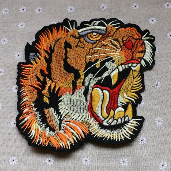 Large Tiger Head Embroidery Applique Patch,Embroideried Tiger Patch Supplies for Coat,T-Shirt,Jeans,Decorative Iron on Appliques Patches