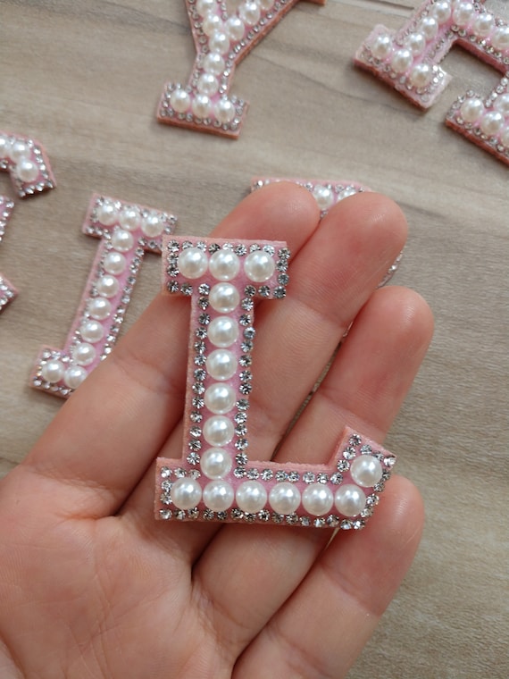 Pink Pearl and Rhinestone Letters Iron on Applique Patch,rhinestone Diamon  Alphabet Supplies for Coat,t-shirt,clothing Appliques Patches 
