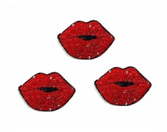 3 Pieces Red Mouth Sequined Applique Patch,Paillette Patch,Sequins Lips Patch Supplies for Coat,T-Shirt,Costume Decorative Appliques Patches