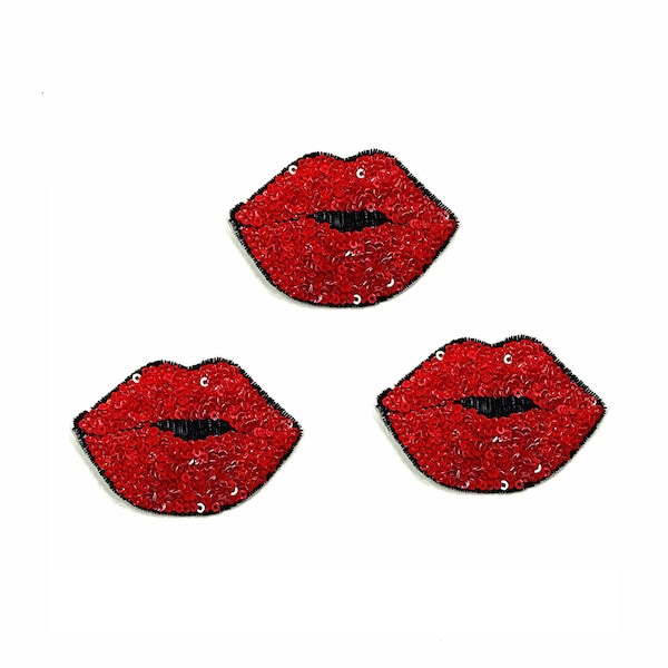 3 Pieces Red Mouth Sequined Applique Patch,Paillette Patch,Sequins Lips Patch Supplies for Coat,T-Shirt,Costume Decorative Appliques Patches