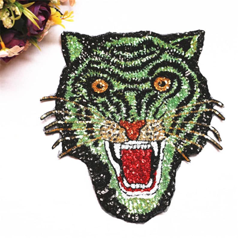 Tiger Head Sequined Applique Patchesvintage Sequins Tiger Etsy