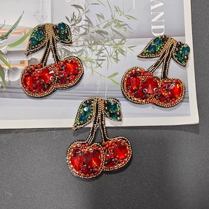 Delicate Embroidery Cherry Beaded Applique Patch,Rhinestone Cherry Patch Supplies for Coat,T-Shirt,Costume Decorative Applique Patch