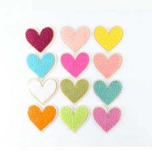 12 Pieces Colorful Chenille Heart Embroidered Iron On Applique Patch,Embroidery Heart Patch for T shirt or Jeans Decorative Applique Patches