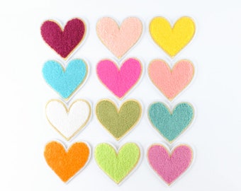 12 Pieces Colorful Chenille Heart Embroidered Iron On Applique Patch,Embroidery Heart Patch for T shirt or Jeans Decorative Applique Patches