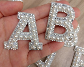 Silver Pearl and Rhinestone Letters Iron on Applique Patch,Rhinestone Diamon Alphabet Supplies for Coat,T-Shirt,Clothing Appliques Patches