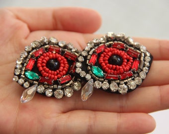 A Pair of Embroidery Beaded Eye Sequined Applique Patch,Beaded Eyes Patch Supplies for Coat,T-Shirt,Costume Decorative Appliques Patches