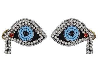 A Pair of Eye Embroidery Rhinestone Sequined Applique Patch,Beaded Eye Patch Supplies for Coat,T-Shirt,Costume Decorative Applique Patches
