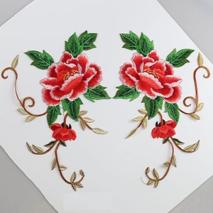 A Pair of Embroidery Red Floral Applique Patch,Vintage Flower Patch for Clothing or Dress Decorative Embroidered Appliques (5 Colors)