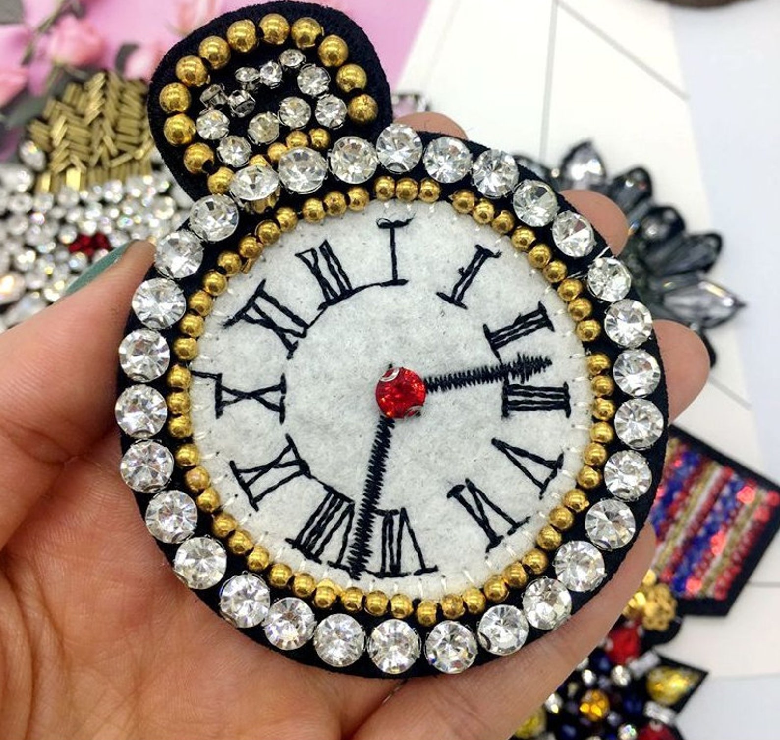 Clock Embroidery Rhinestone Applique Patch,beaded Clock Patch Supplies ...