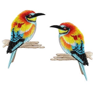 Könnte beinhalten: Zwei gestickte Vogelaufnäher. Jeder Vogel hat ein farbenfrohes Design mit roten, gelben, orangefarbenen und blauen Federn, einen schwarzen Schnabel und sitzt auf einem braunen Ast, vor weißem Hintergrund.